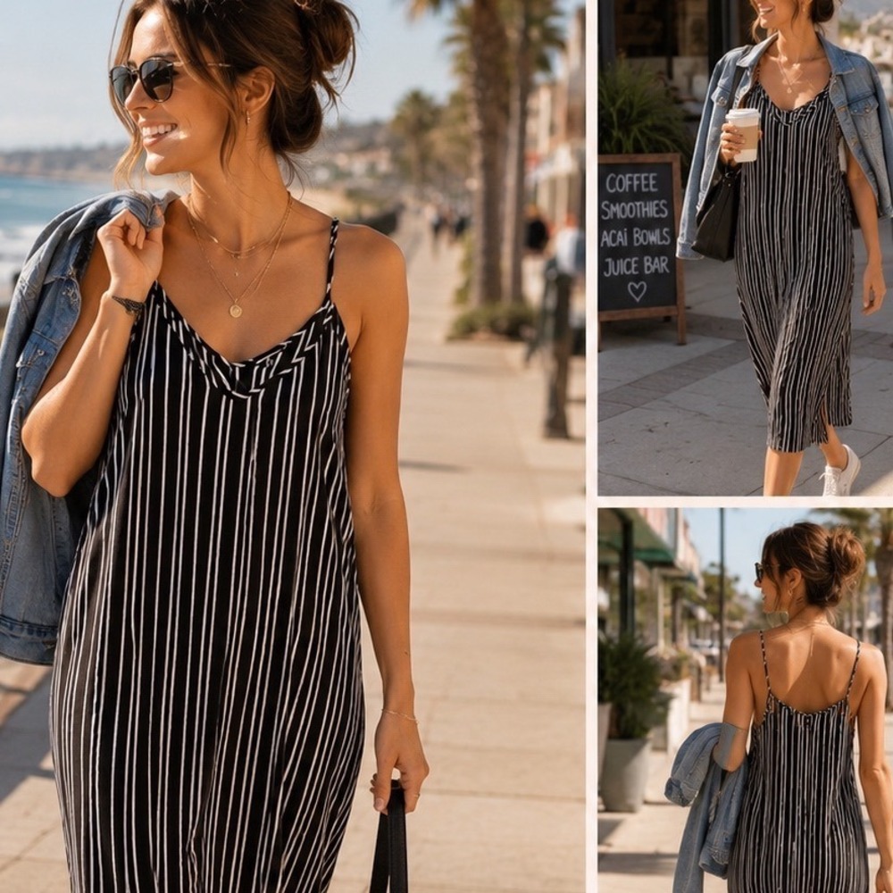 Who‎ What Wear Womens Black White Striped Spaghetti Strap Midi Slip Dress M